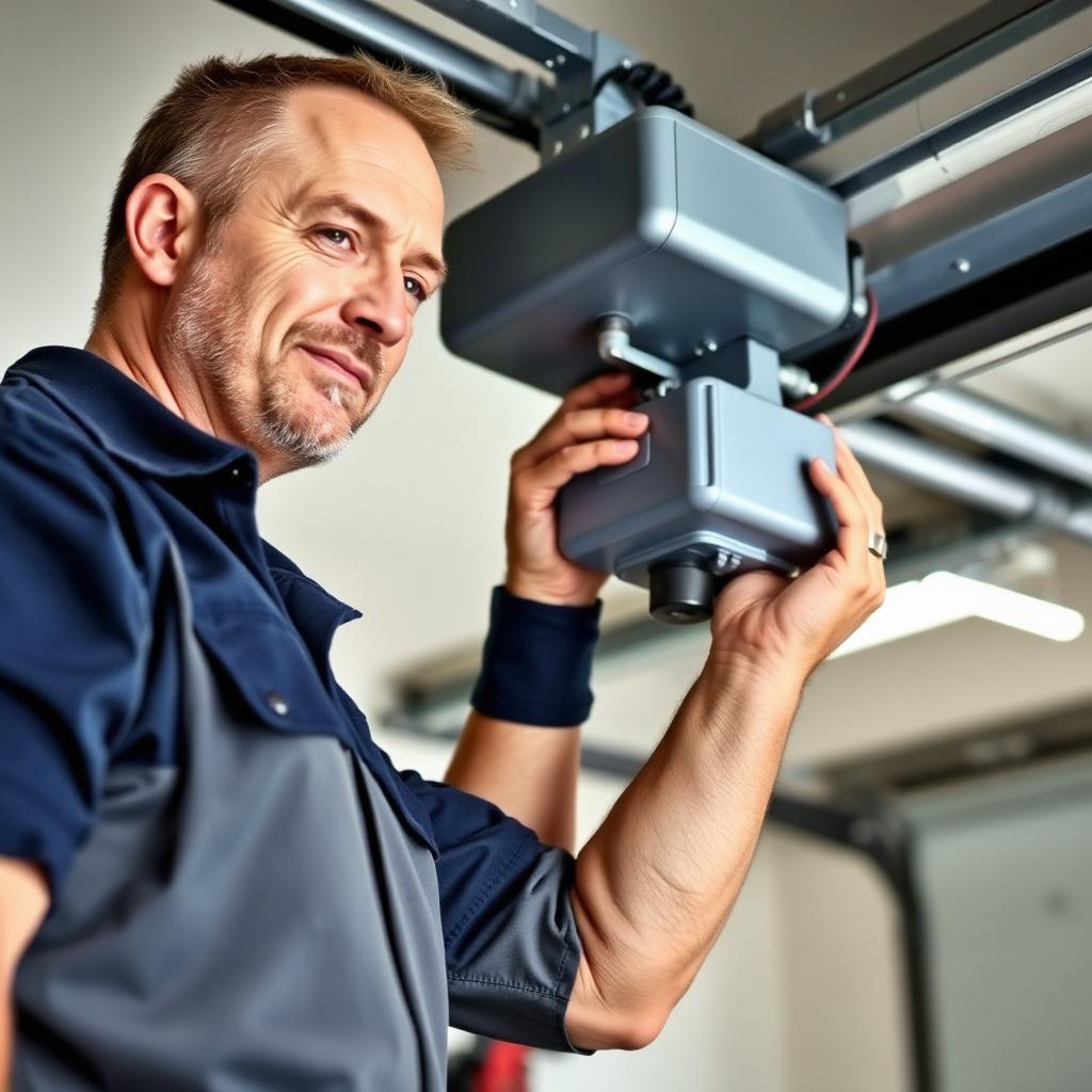 Experienced garage door technician adjusting opener motor